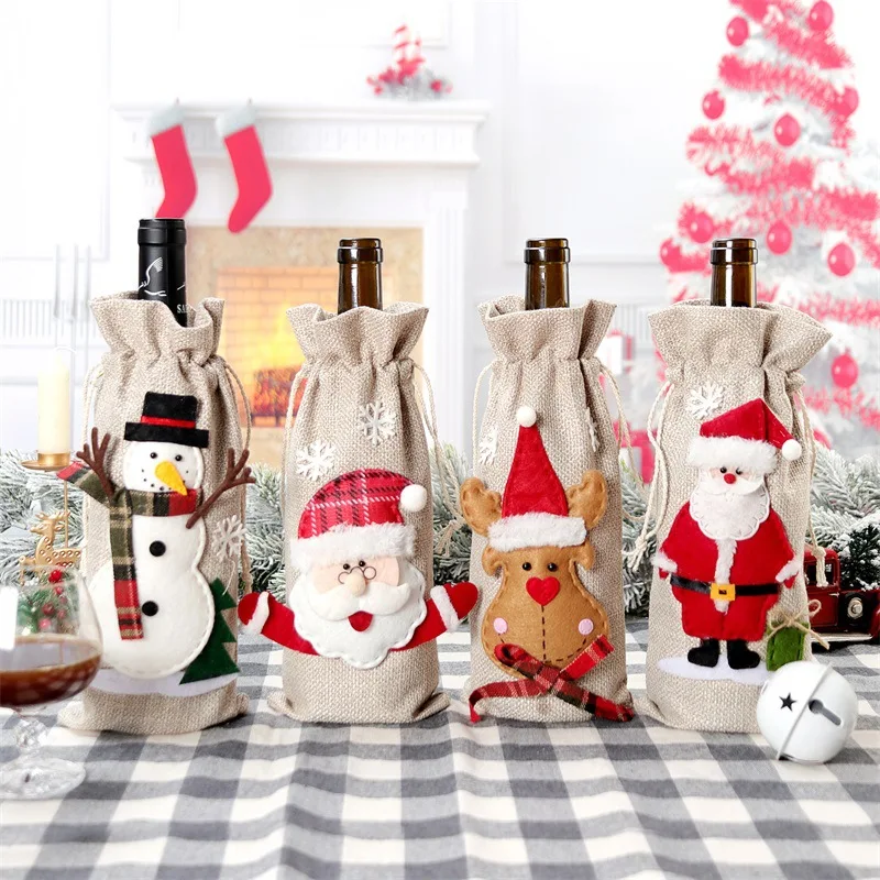 Jute Bag Packaging - Xmas Snowman Santa Claus Wine Bottle